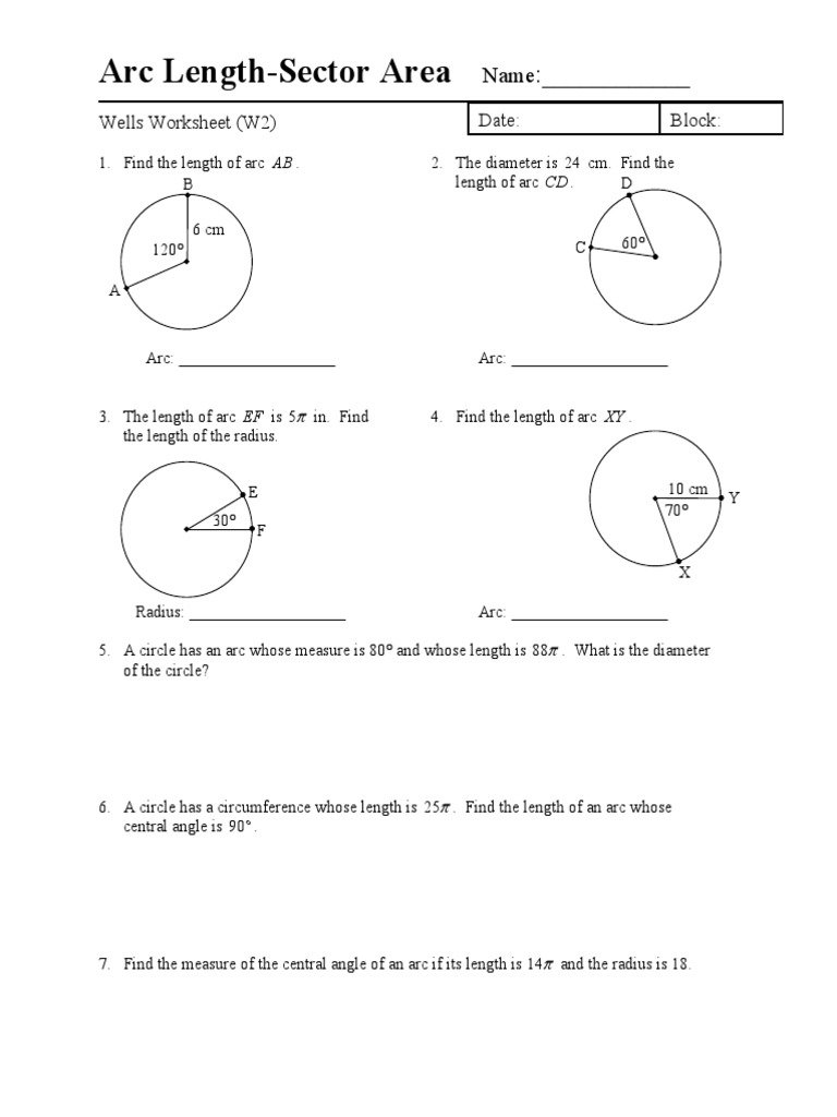 arc lengths and areas of sectors worksheet
