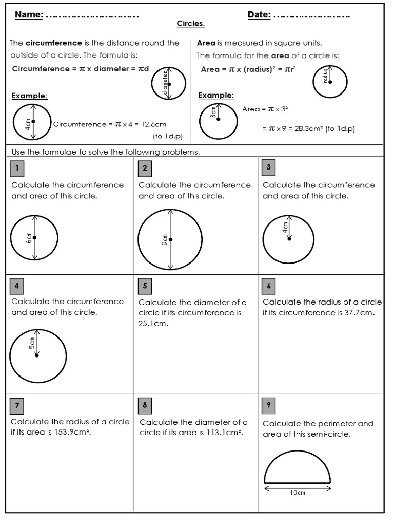 area and circumference of a circle worksheet pdf