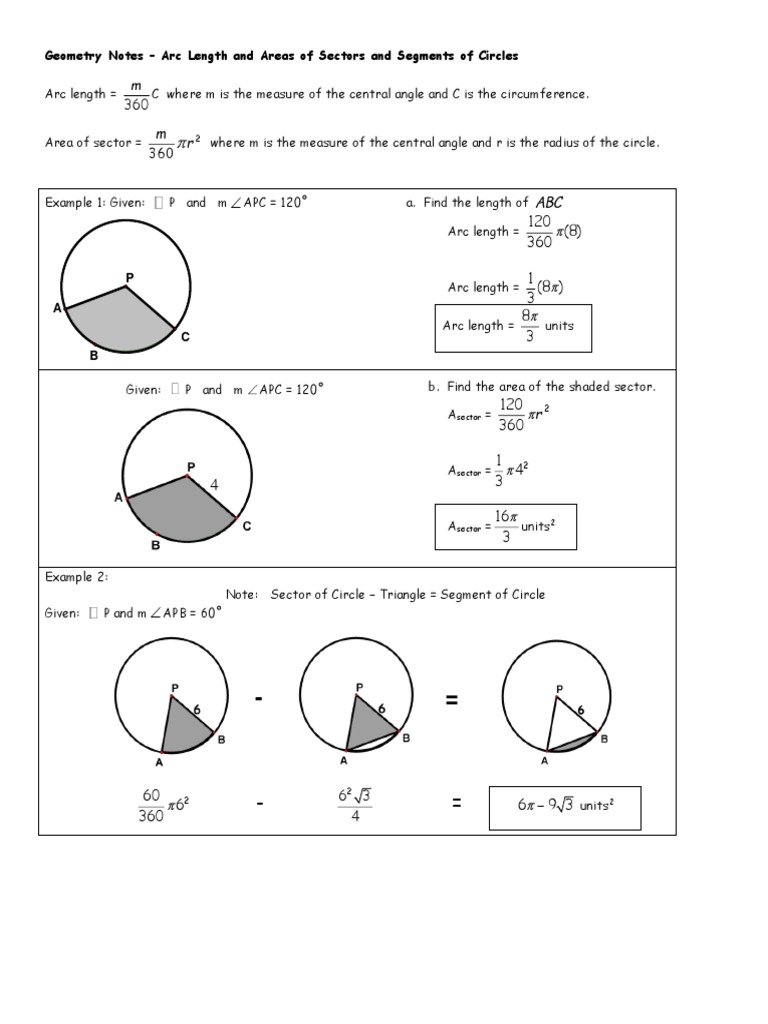 arc length area of sector worksheet