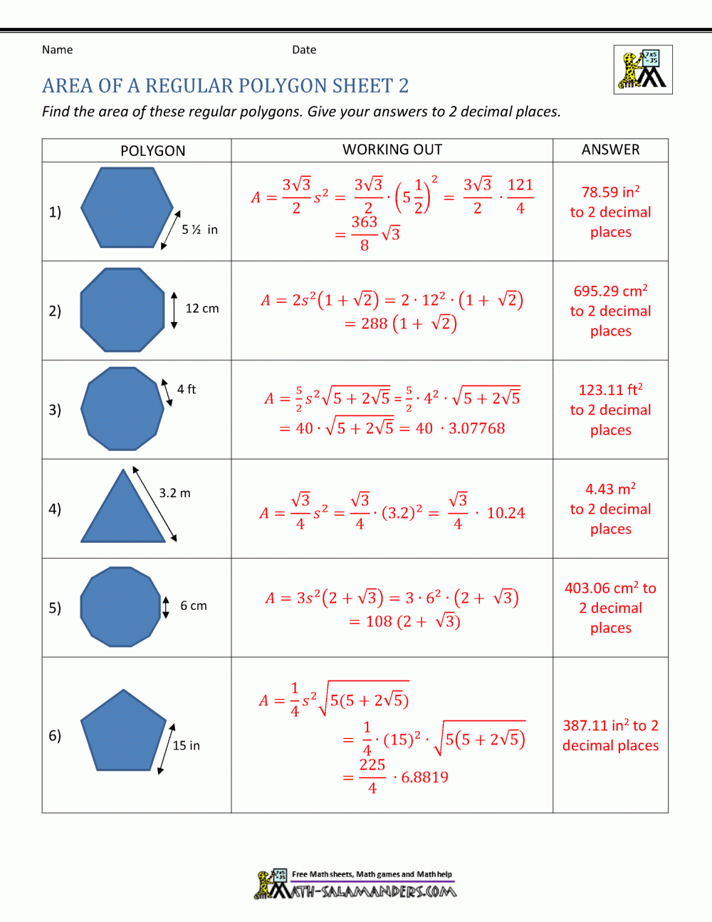 Area Of Regular Polygon Calculator Worksheets Library