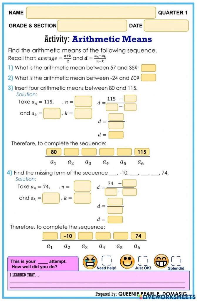 Arithmetic Means Worksheet For Interactive Math Practice