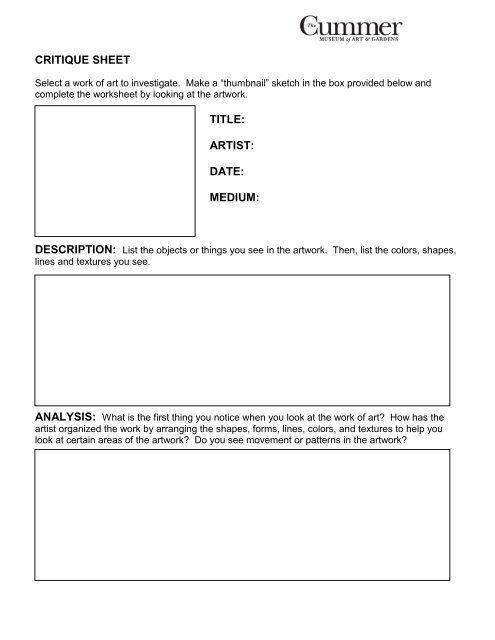 Art Critique Worksheet Printable Sheet Education