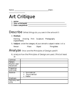 Art Critique Worksheet Printable Sheet Education