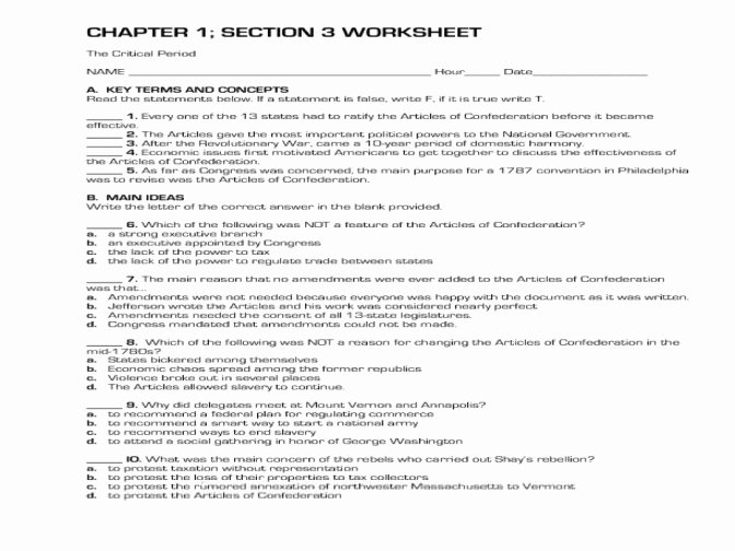 Articles Of Confederation Worksheet Awesome Articles Confederation