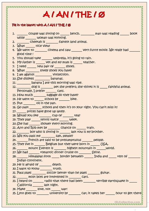 articles worksheet