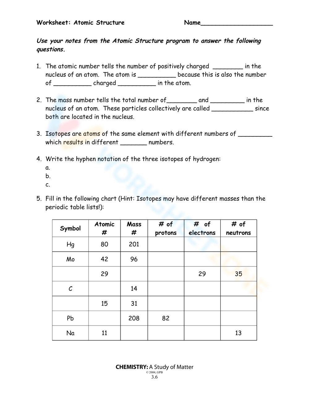 atomic structure worksheets