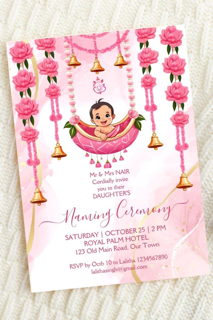 Baby Naming Cradle Indian Ceremony Pink Template Invitation Digital