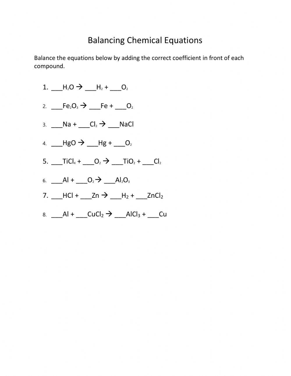 Balancing Chemical Equations Interactive Worksheet Live Worksheets