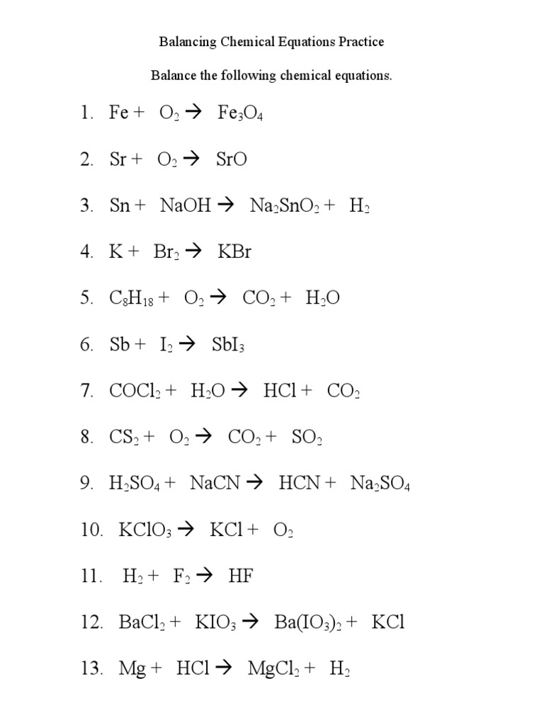 chemistry balancing chemical equations worksheet answers
