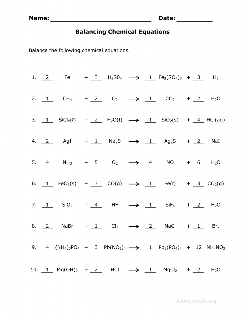 worksheet for balancing chemical equations
