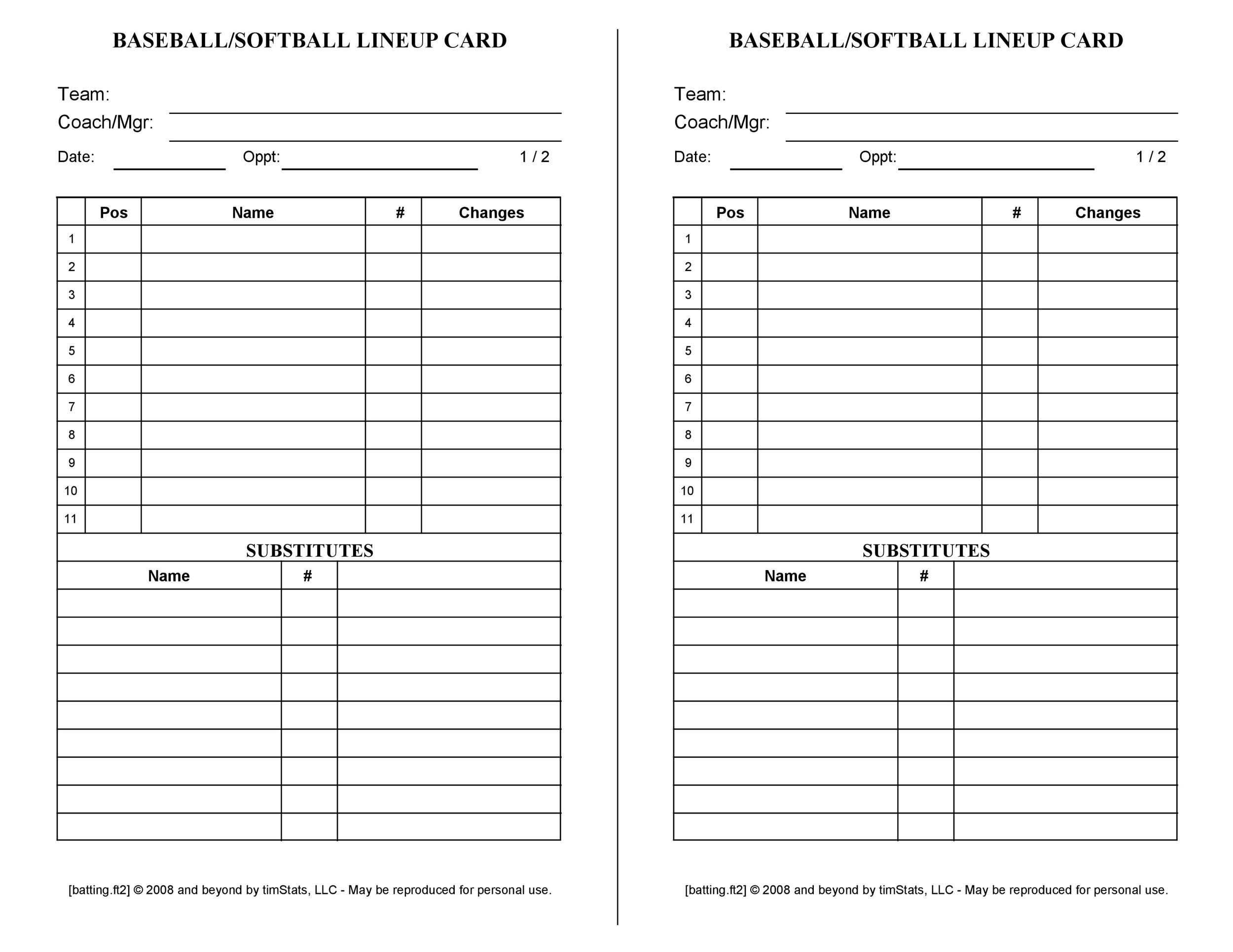 Baseball Lineup Card Printable