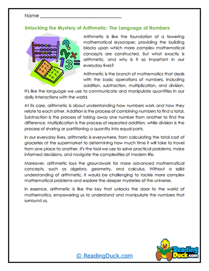 Basic Arithmetic Reading Worksheets