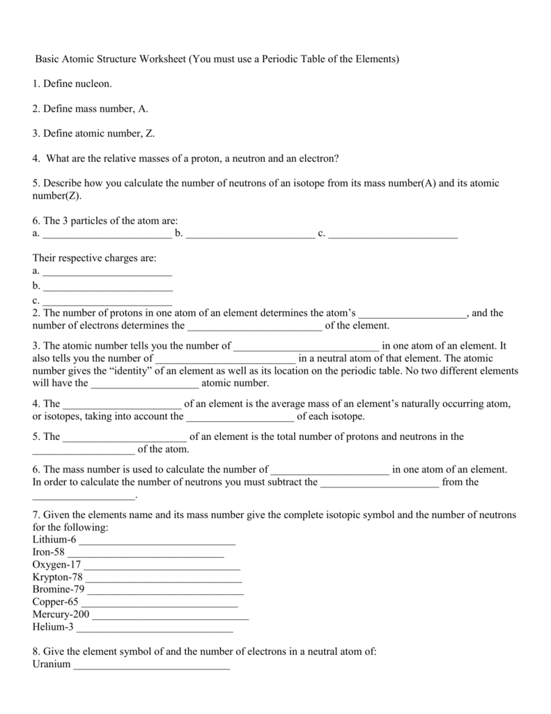 Basic Atomic Structure Worksheet Worksheets Samples