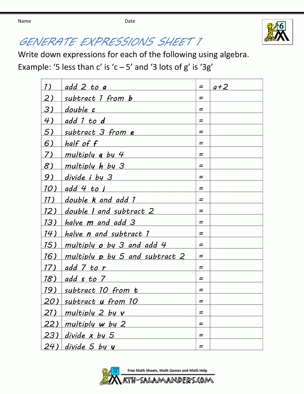 Beginner Algebra Worksheets