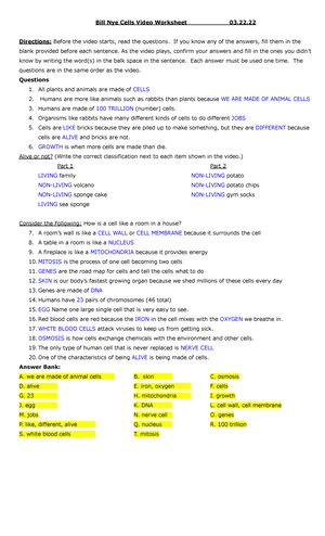 Bill Nye Cells Video Worksheet Answers Bill Nye Cells Video 