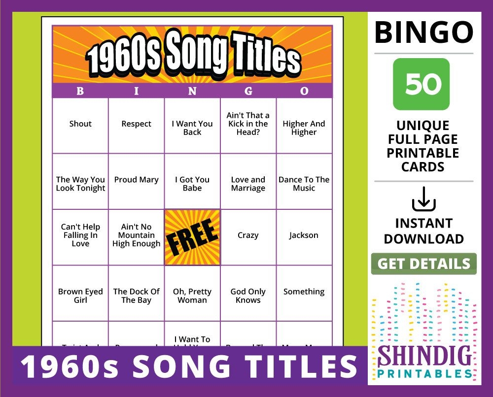 Bingo Card Game 1960S Song Titles Sixties Retro Senior Printable 