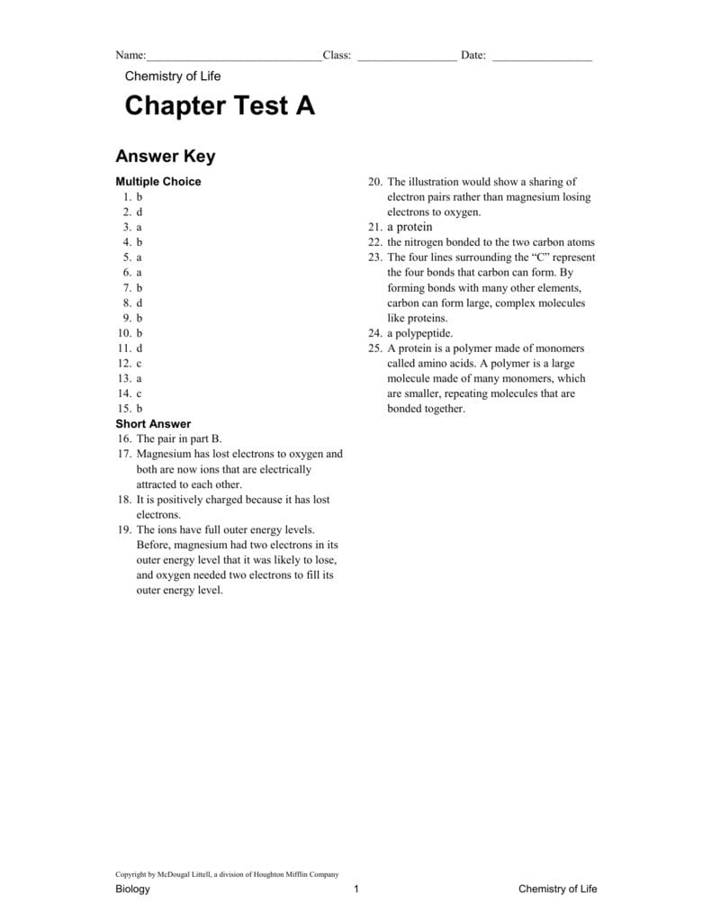 Biology Chapter 2 The Chemistry Of Life Worksheet Answers Db excel