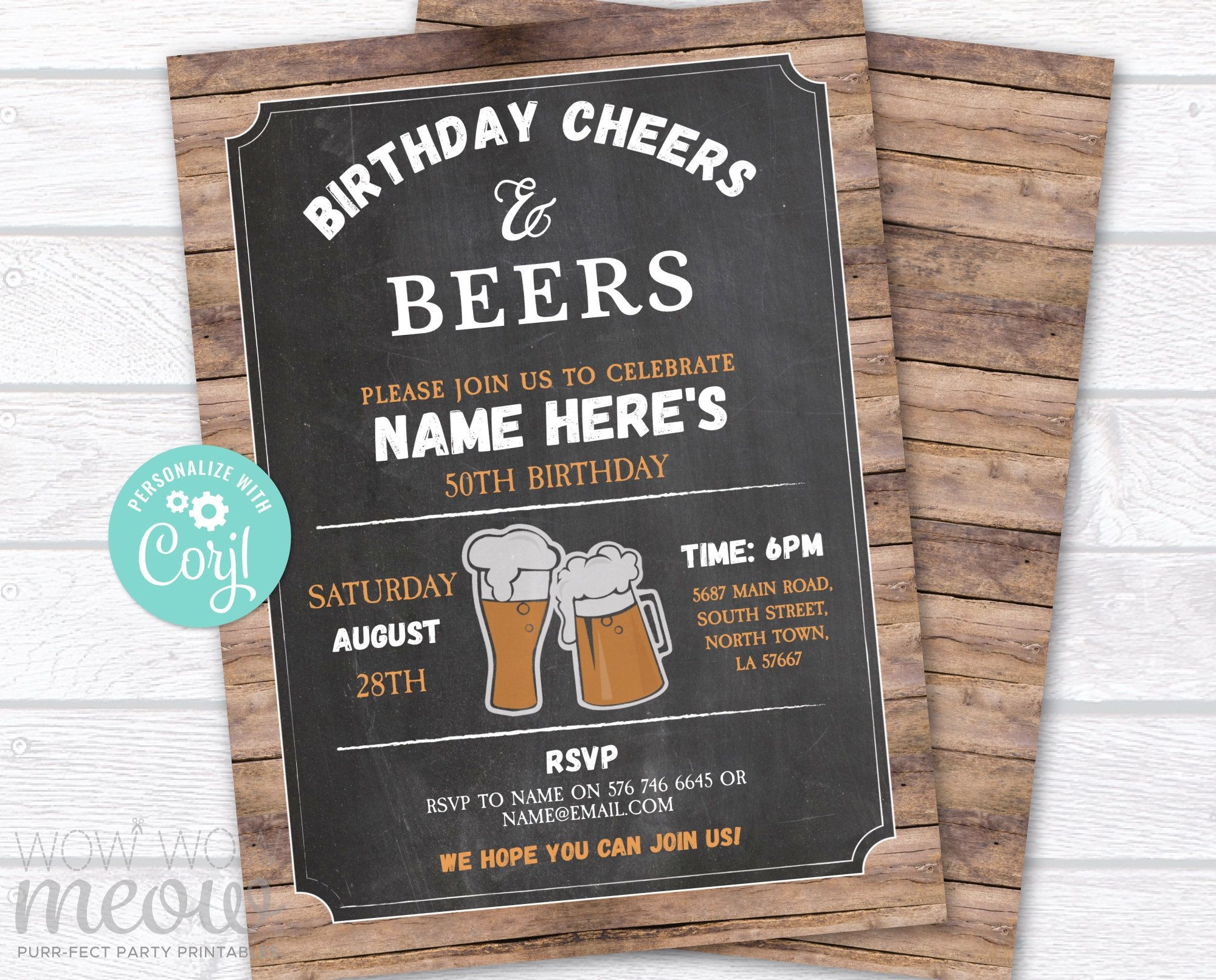 Birthday Cheers Beers Invite Birthday Party Invitation Chalk INSTANT