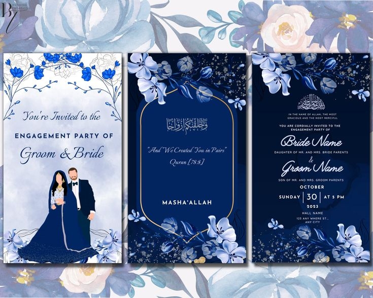 Blue Animated Engagement Nikkah Wedding Walima Shaadi Invitation Card 