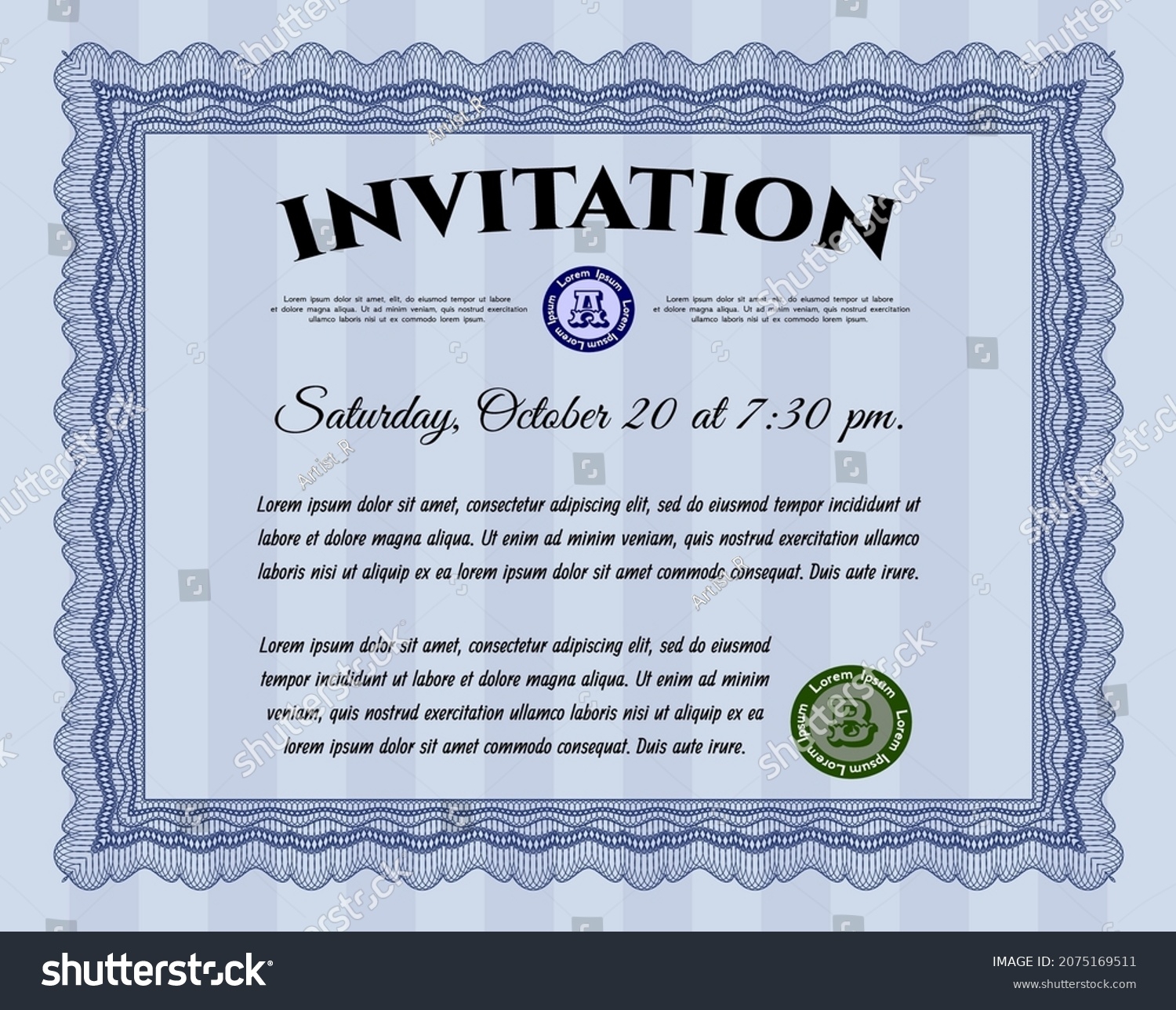 Blue Formal Invitation Template Cordial Design Stock Vector Royalty