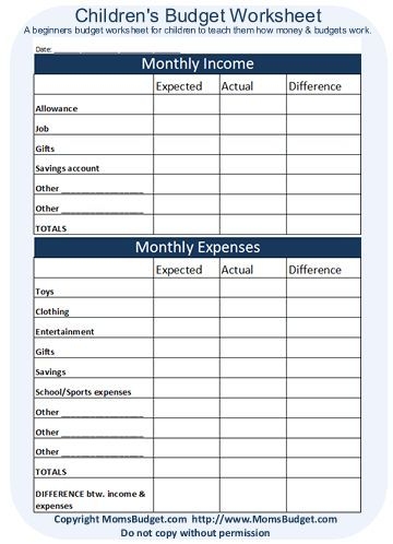 Budget Worksheet For Kids