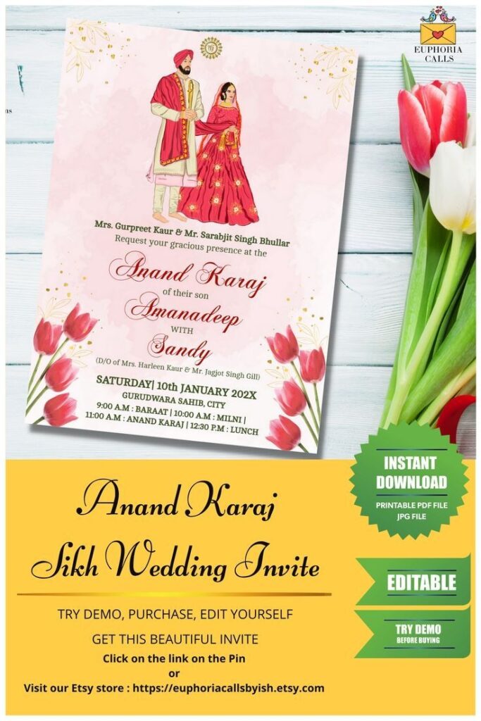 Buy EDITABLE Anand Karaj Sikh Wedding Invitation Template Punjabi