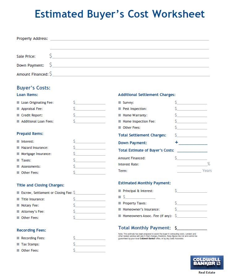 Buyers Estimated Closing Costs Worksheet