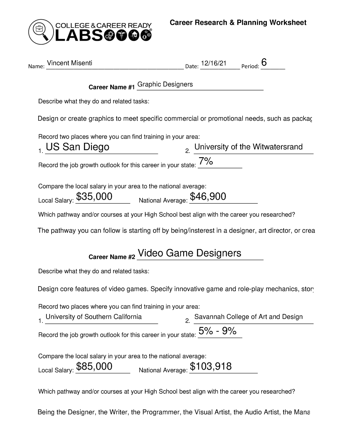 Career Research Planning Worksheet Name Date Studocu 
