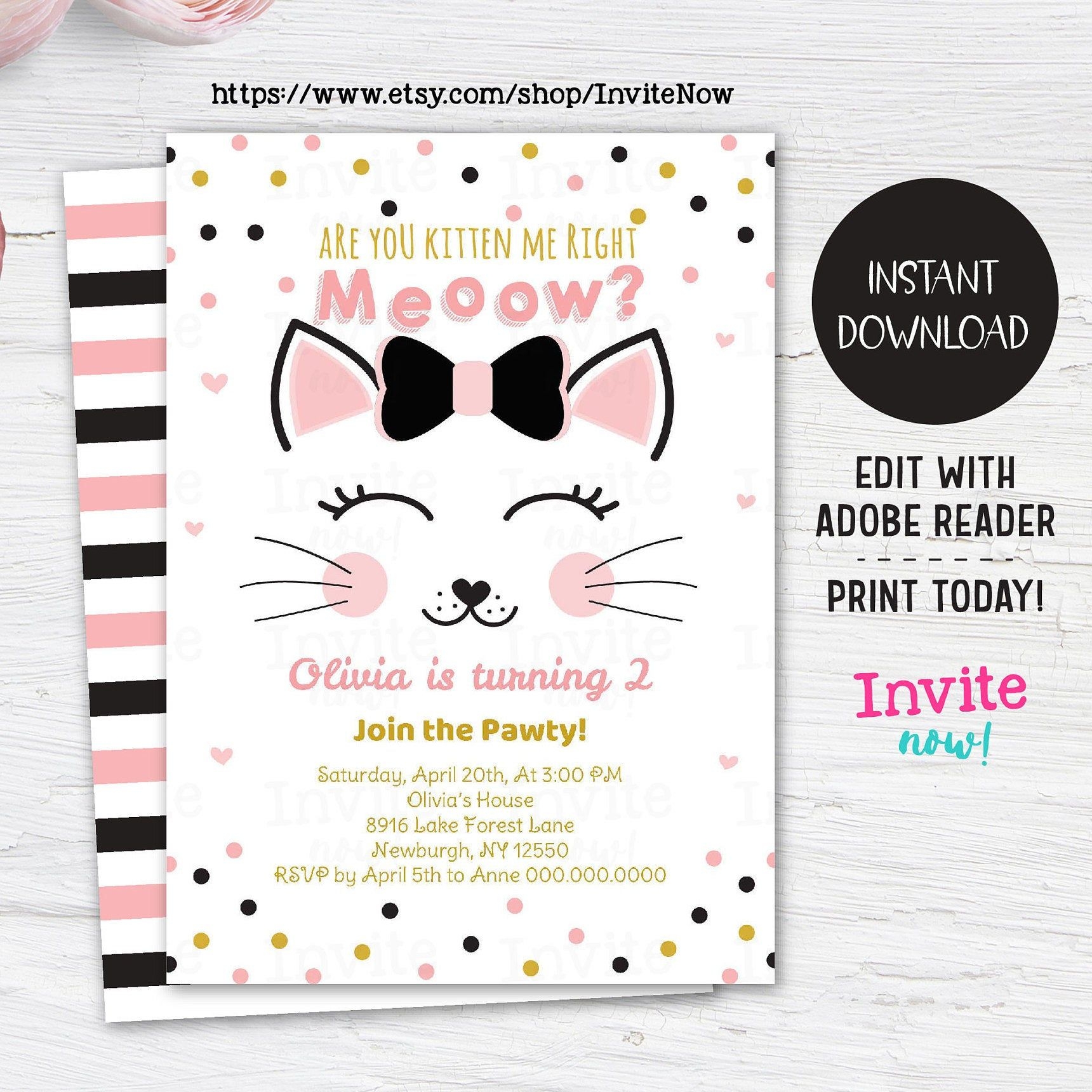 Cat Birthday Party Invitation Template