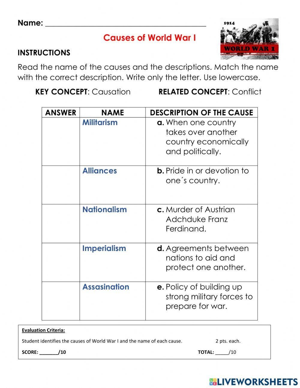 Causes Of World War I Worksheet Live Worksheets Worksheets Library