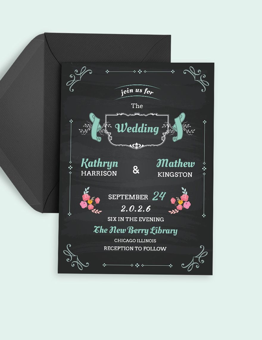 Chalkboard Wedding Invitation Card Template In Publisher Word PSD