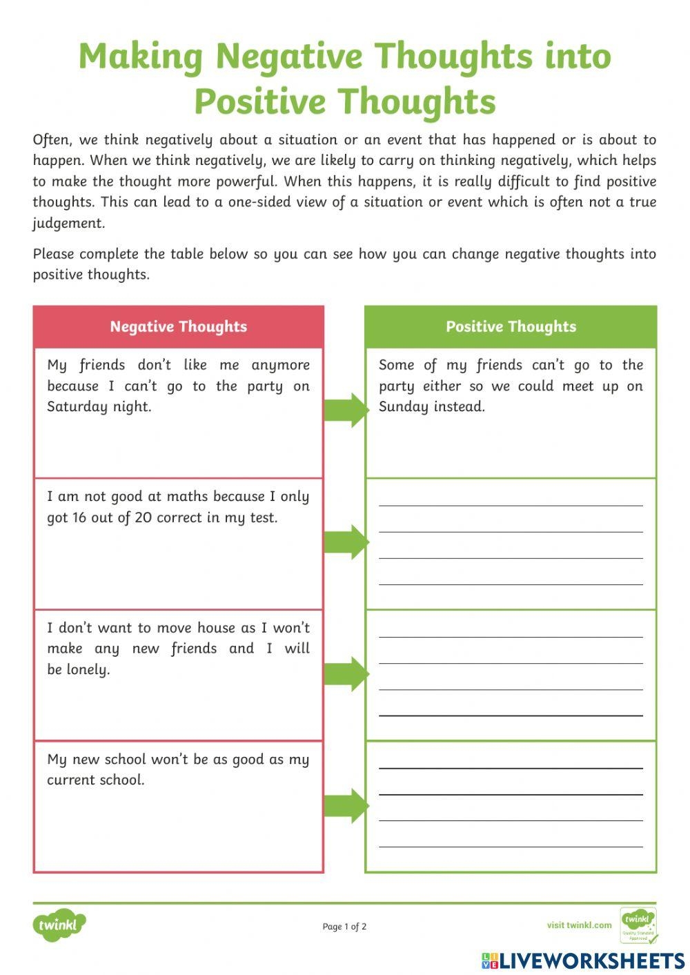 Changing Negative Thoughts Into Positive Thoughts Online Exercise 