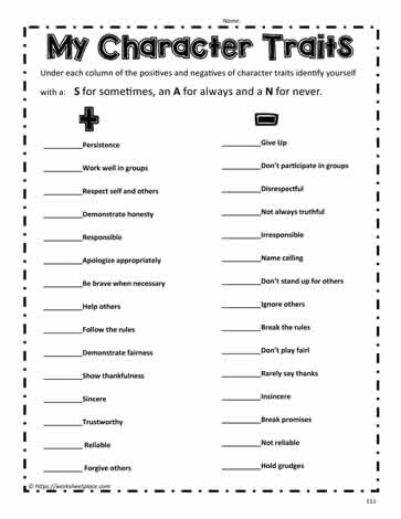 character trait worksheet