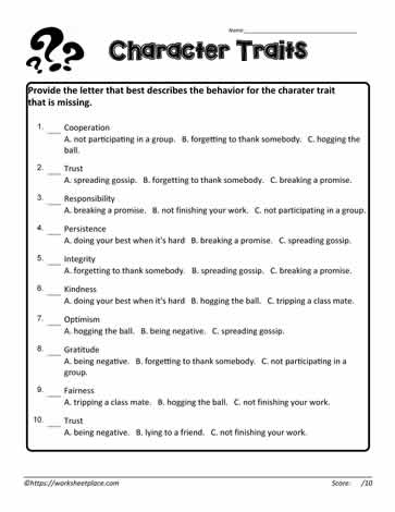 Character Trait Quiz Worksheets