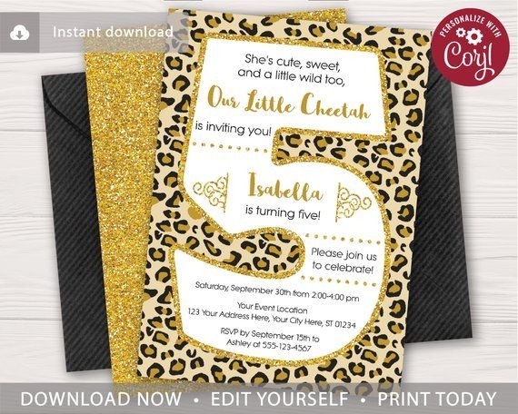 Cheetah 5th Birthday Invitation Editable Template Online Instant