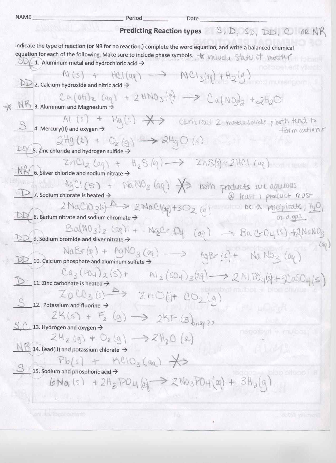 reaction types worksheet with answers