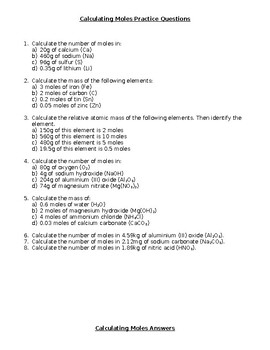 Chemistry Calculating Moles Worksheet By Science Lessons 4 You TPT