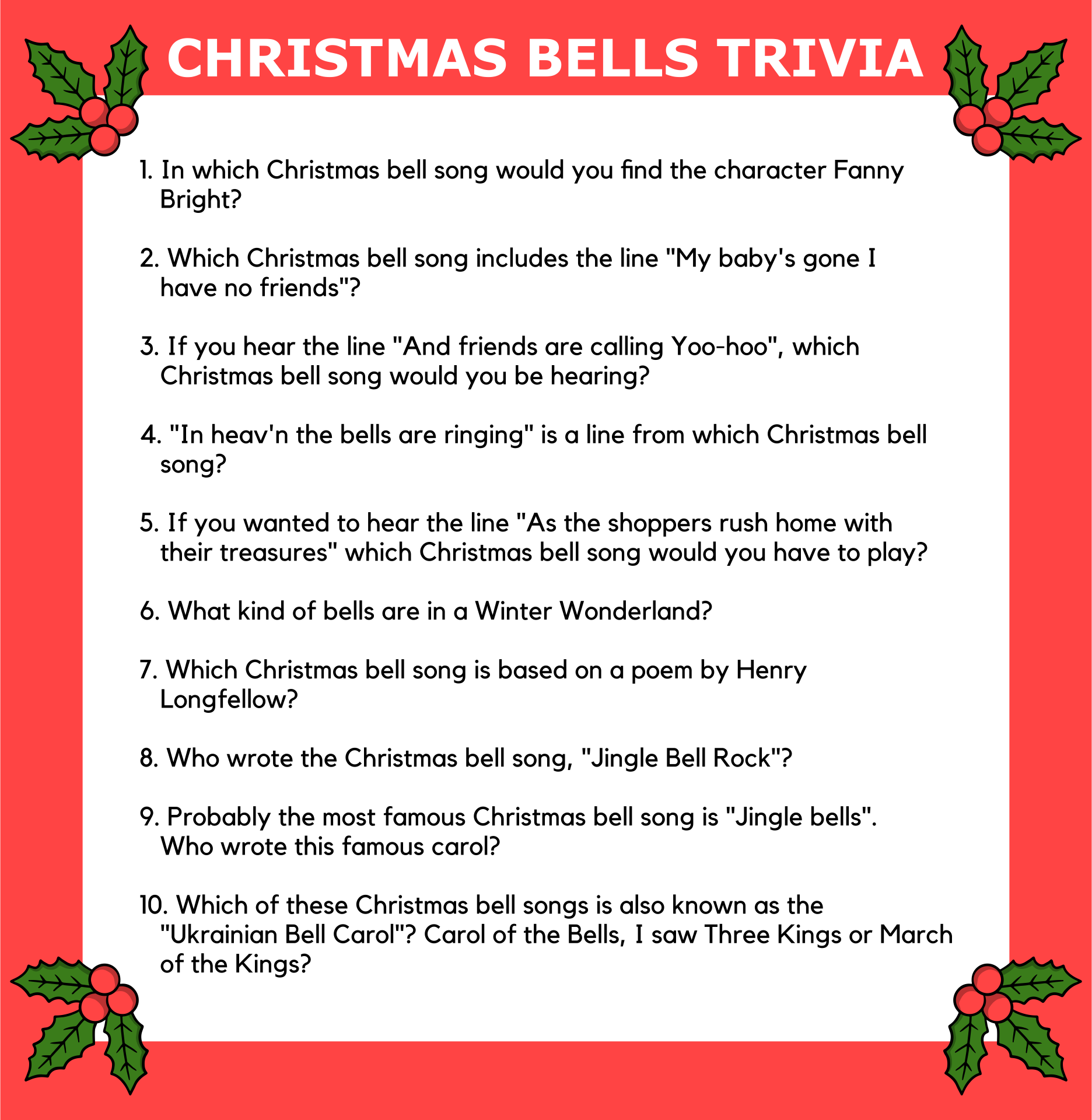 Christmas Song Trivia Game 15 Free PDF Printables Printablee