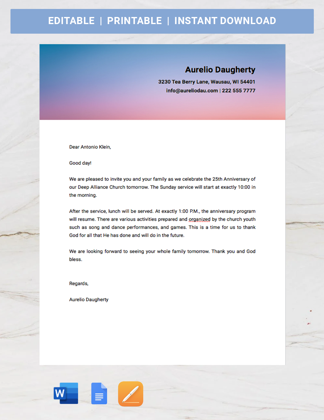 Church Anniversary Invitation Letter Google Docs Word Apple Pages 
