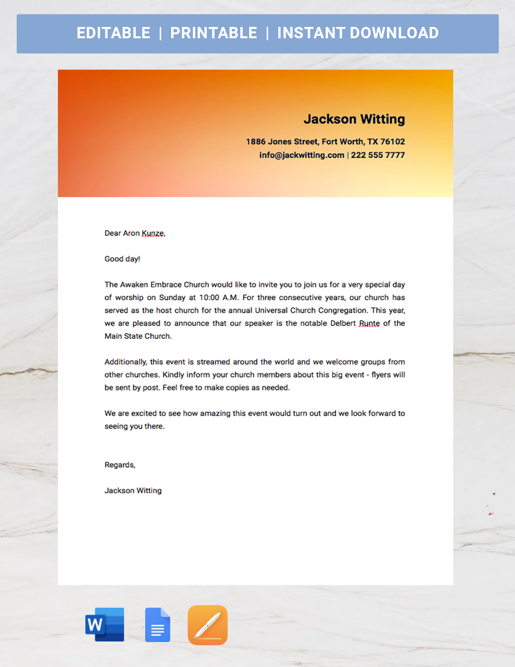 Church Invitation Letter Google Docs Word Apple Pages Template