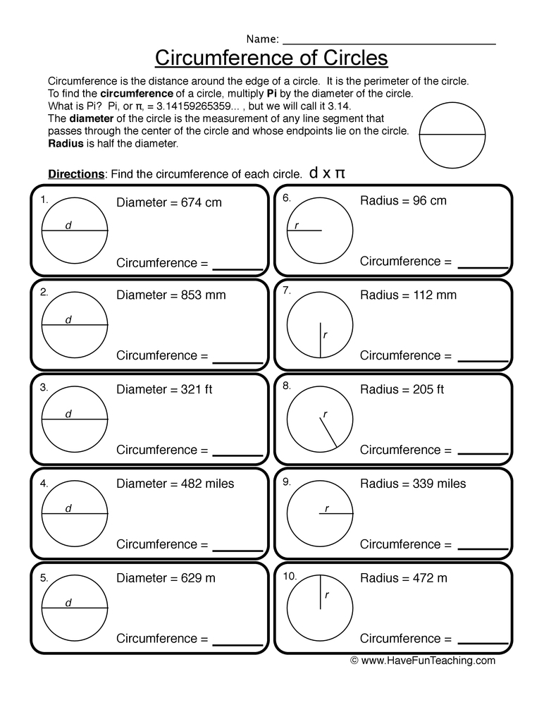 circle area circumference worksheet