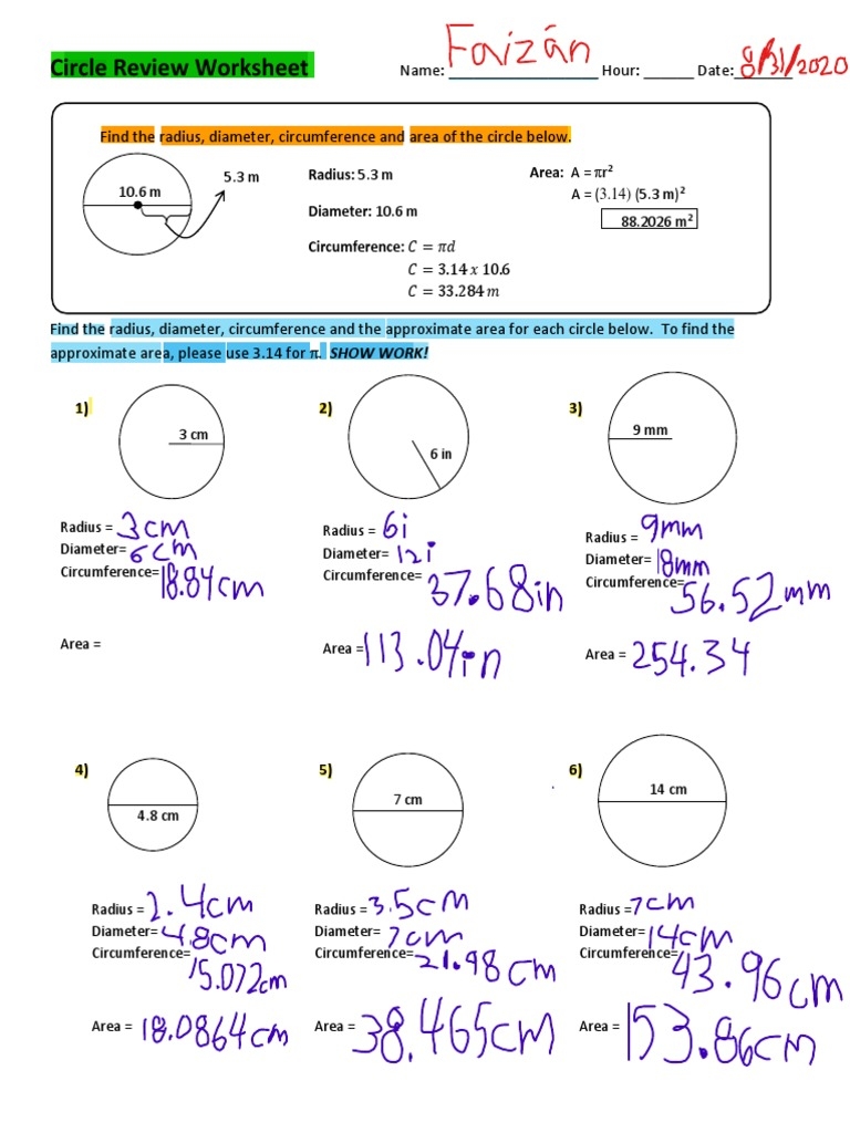 worksheet area of a circle