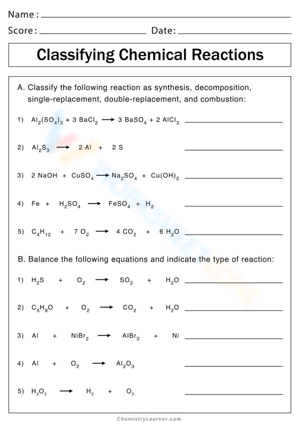 chemistry reactions worksheet