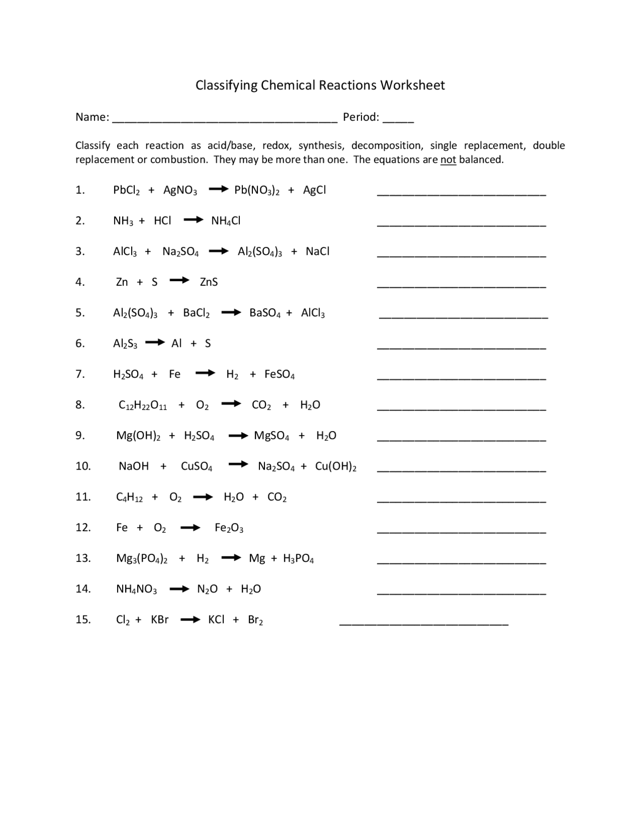 Classifying Chemical Reactions Worksheet Exercises Chemistry 