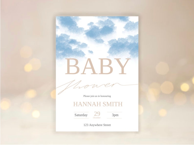 Cloud Baby Shower Invitation Template Printable Blue Toned Etsy