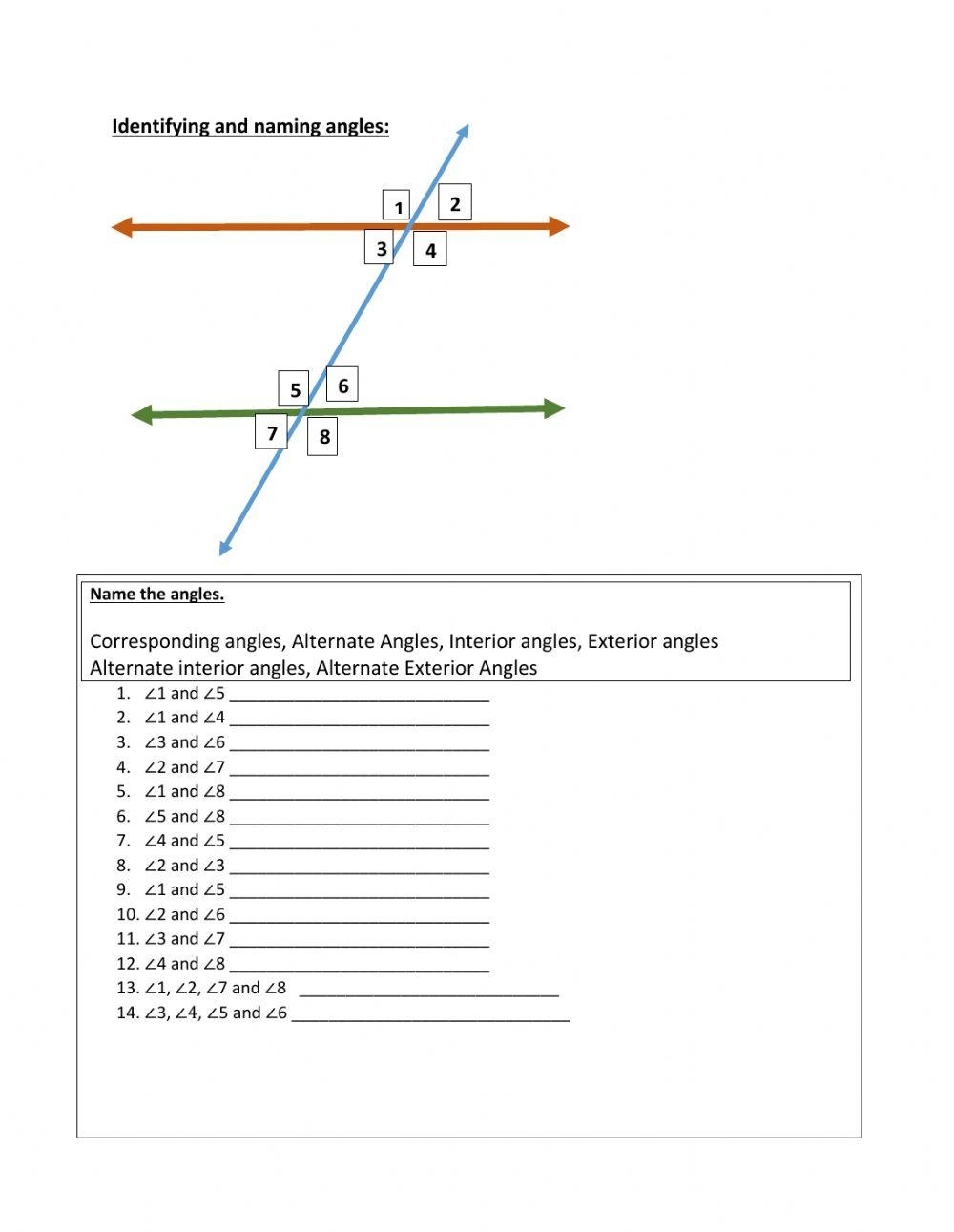transversal angles worksheet