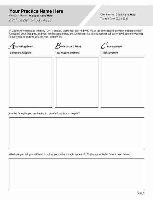 Cognitive Processing Therapy CPT ABC Worksheet Editable Fillable 