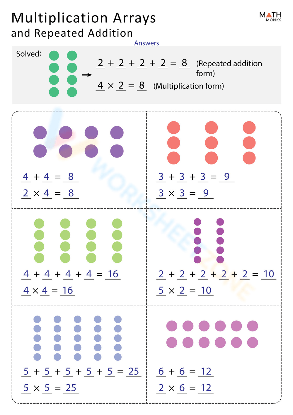 Color Arrays For Repeated Addition Printable Math Worksheet 