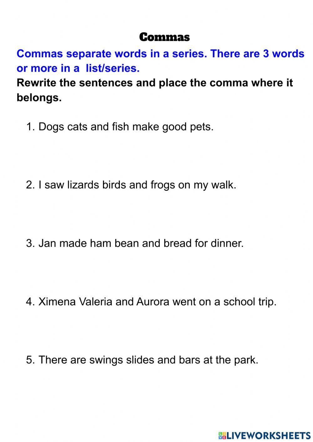 Commas Exercise For Grade 3 Live Worksheets Worksheets Library