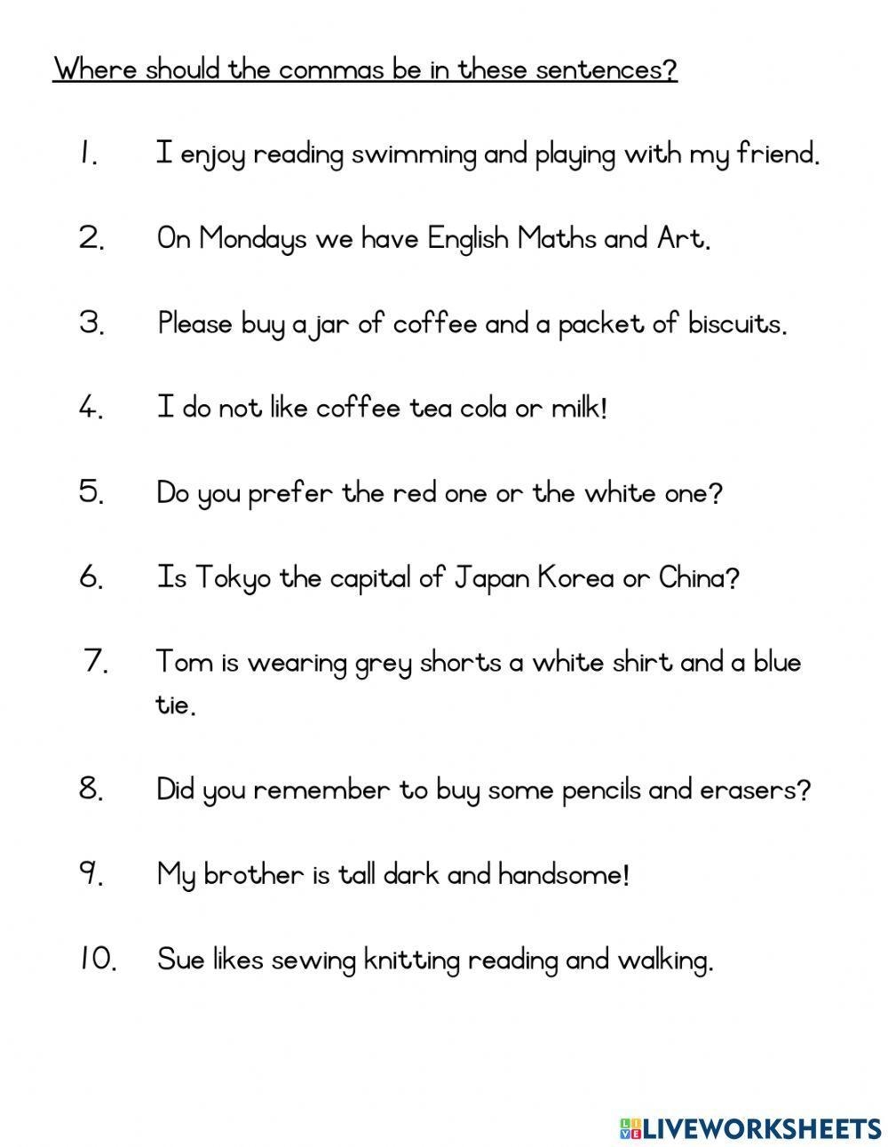 commas worksheet